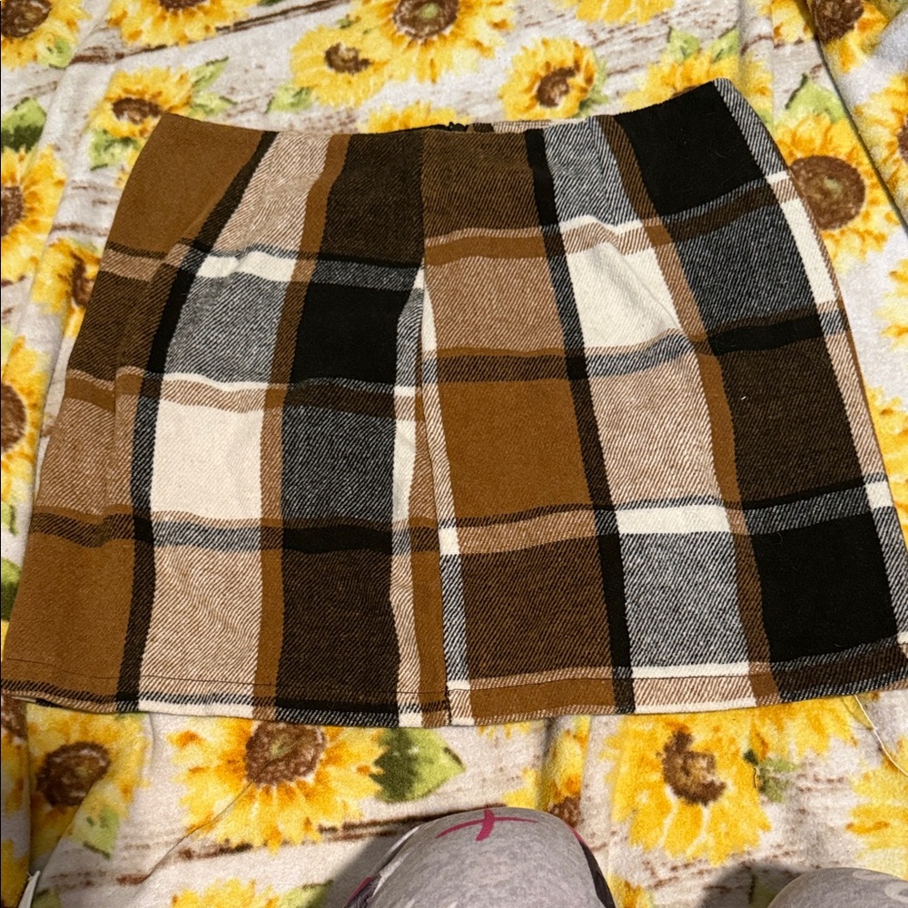 SHEIN Brown and Cream Plaid A-Line Mini Skirt